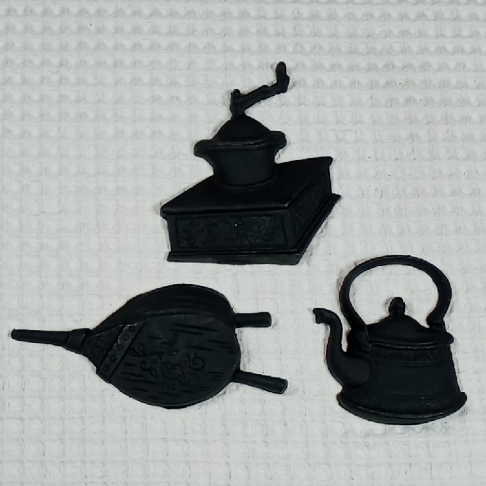 Vintage Black Cast Iron Wall Accents Set Hanging Coffee Grinder-Bellows-Kettle